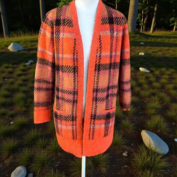 Lucky BRAND Women's Brushed Orange Plaid Duster Open Drape Cardigan Sweater - Picture 1 of 9